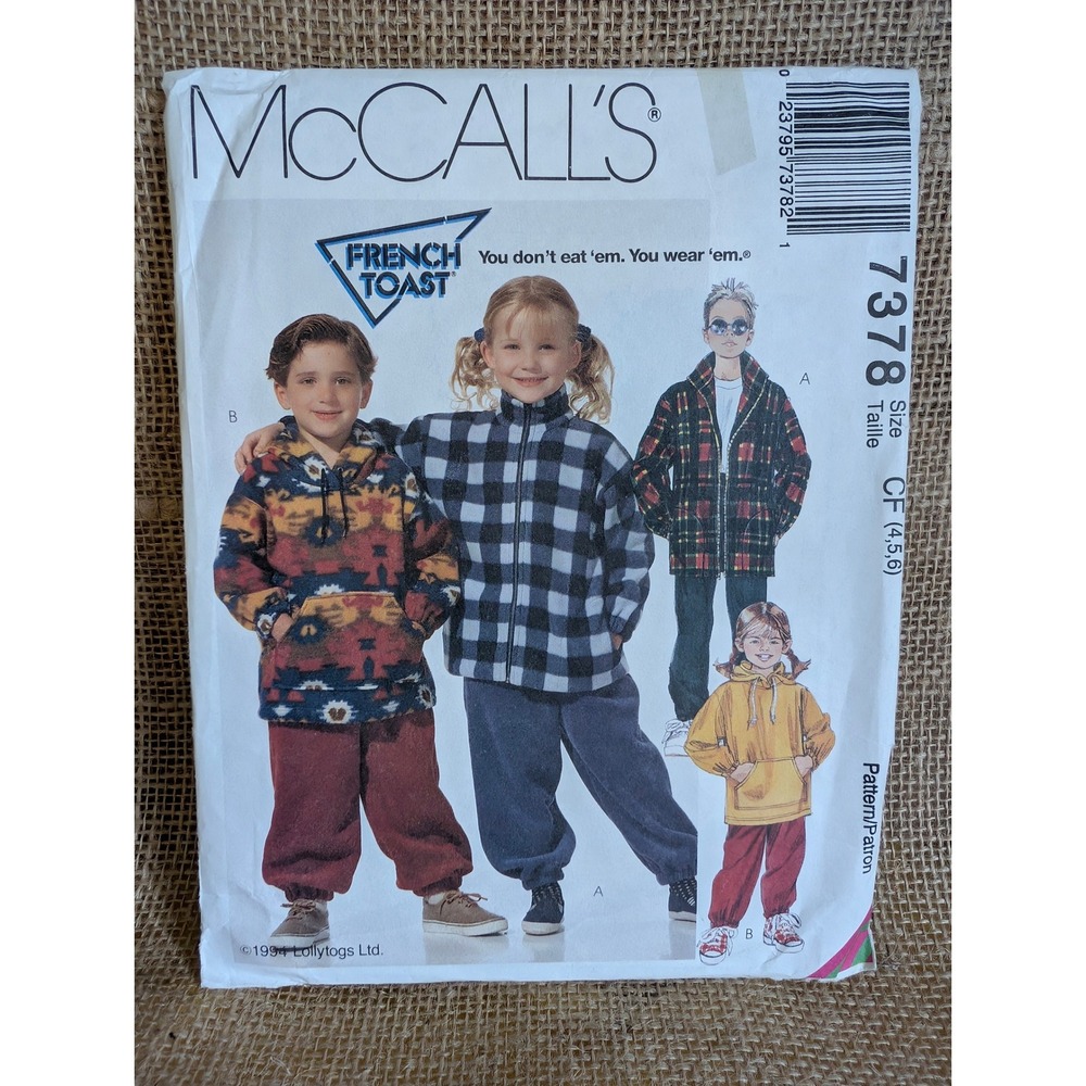 McCalls 7378 French Toast Kids Fleece Hoodie Jacket Pants Pattern 1994 Size 4-6